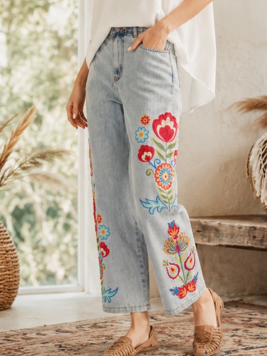 JODIFL Denim - Jodifl Embroidered Floral Colorful Relaxed Fit Straight Leg Floral Denim